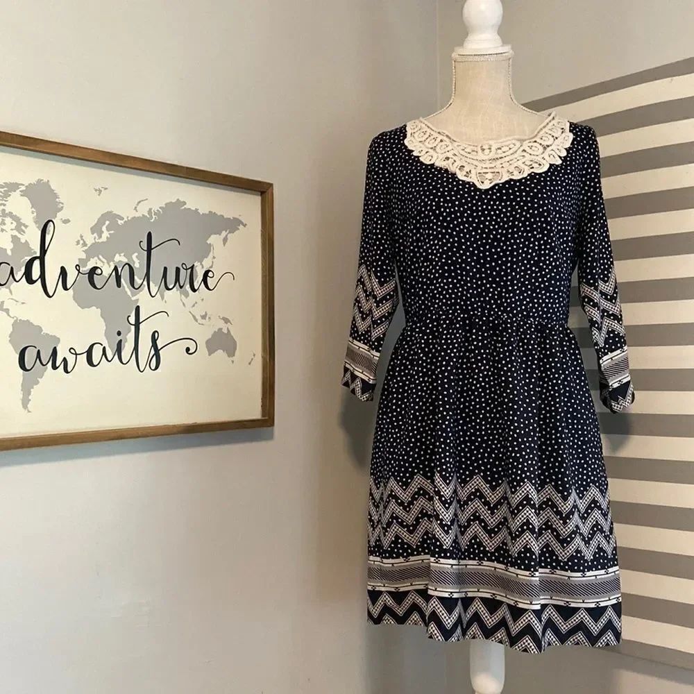 Altar'd State Navy Blue & White Polka Dot Lace Neckline A-Line Mini Dress Size S